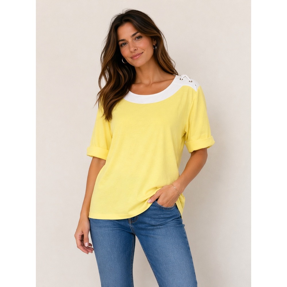 Alfred Dunner Yellow Nautical Scoop Neck Top with Shoulder Grommets Short Sleeve